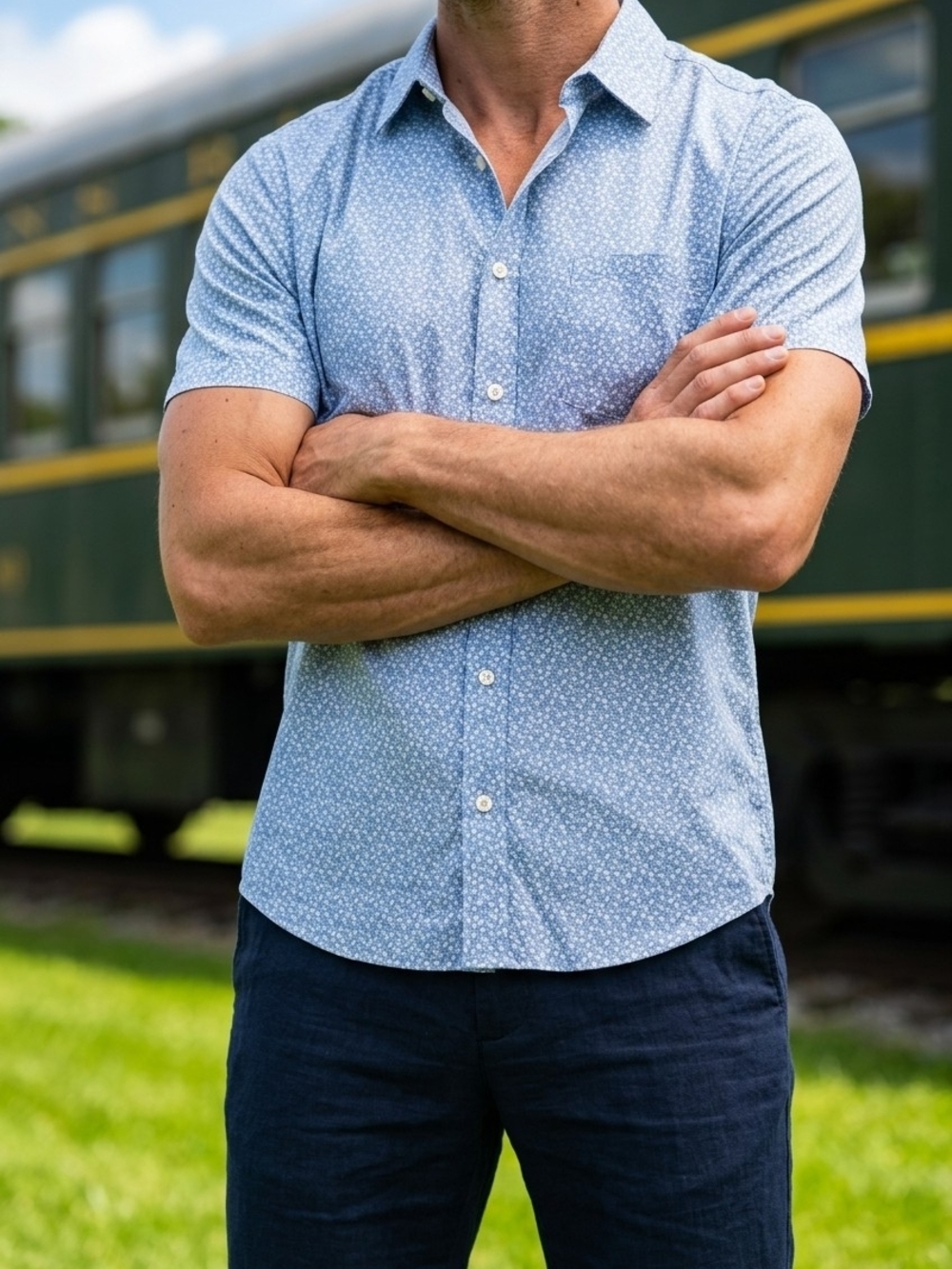 Goodfellow & Co Light Blue Short-Sleeve Button-Down with Micro Print